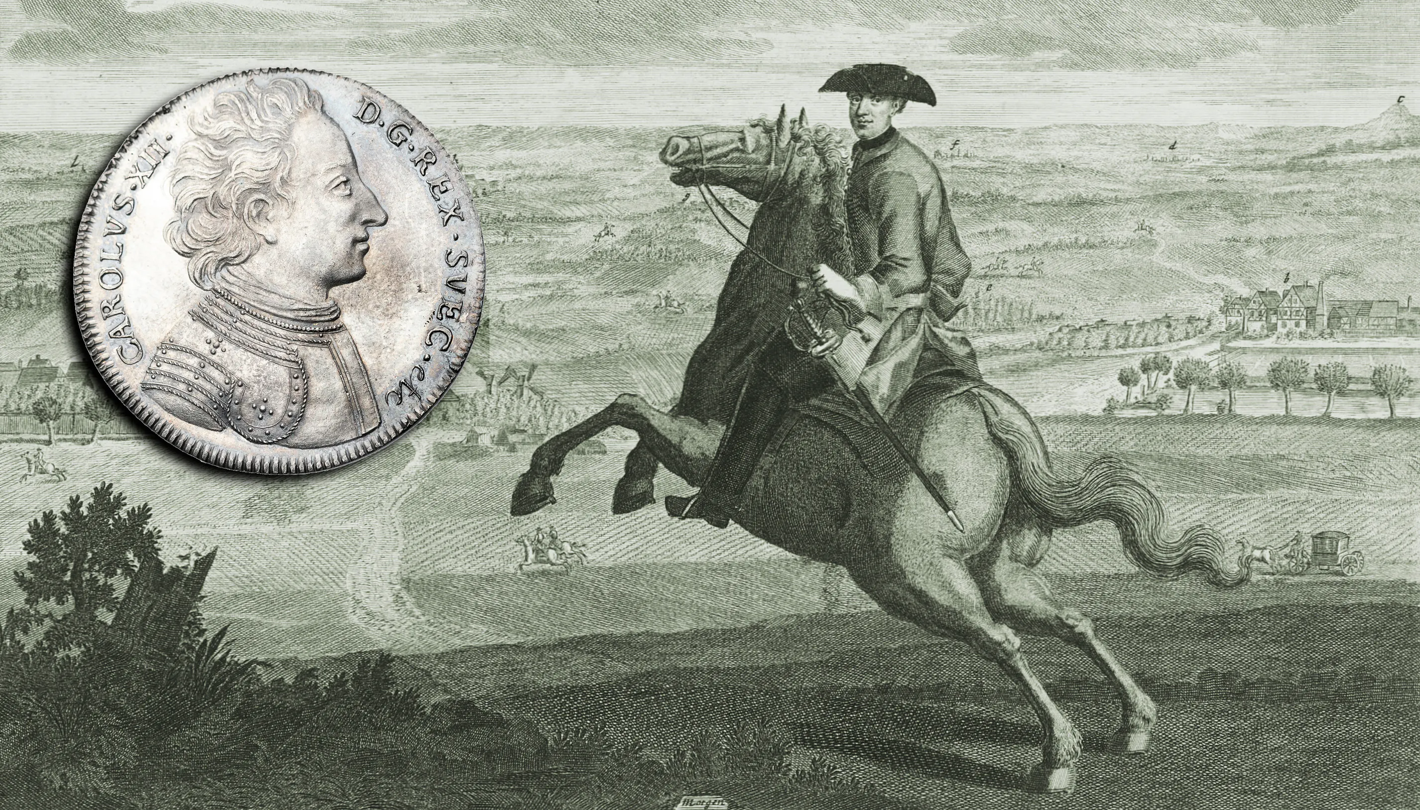 Man riding on horse and a silver coin