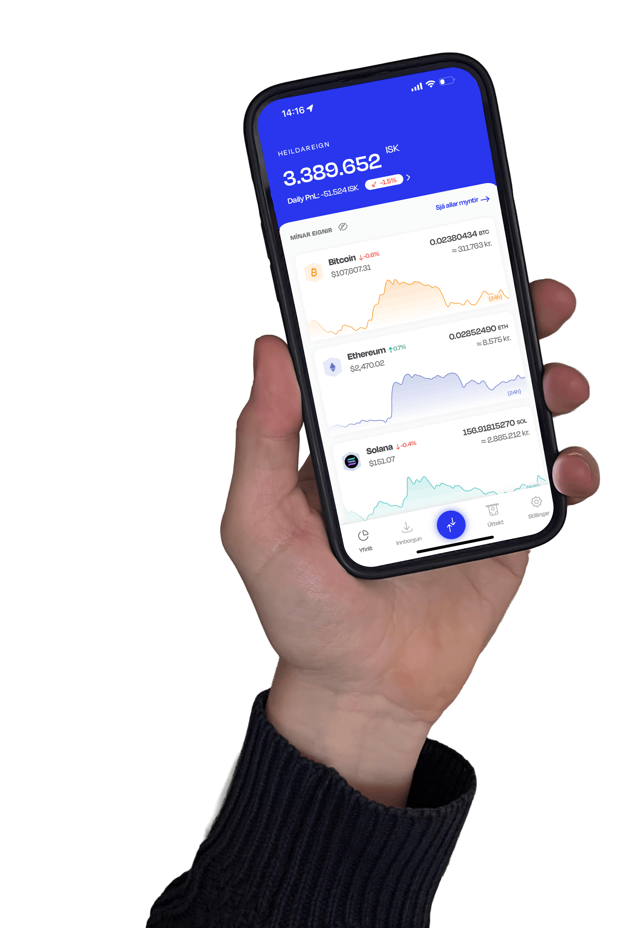 Hand holding a phone showcasing the app