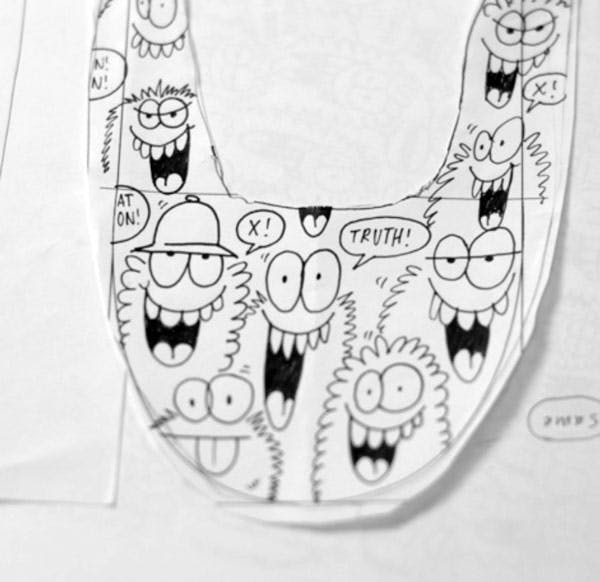 An artistic image of a sketch of the Kevins Lyons x truth Vans shoes