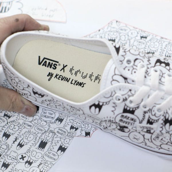 A close up look of the Vans x truth shoes designed by Kevin Lyons