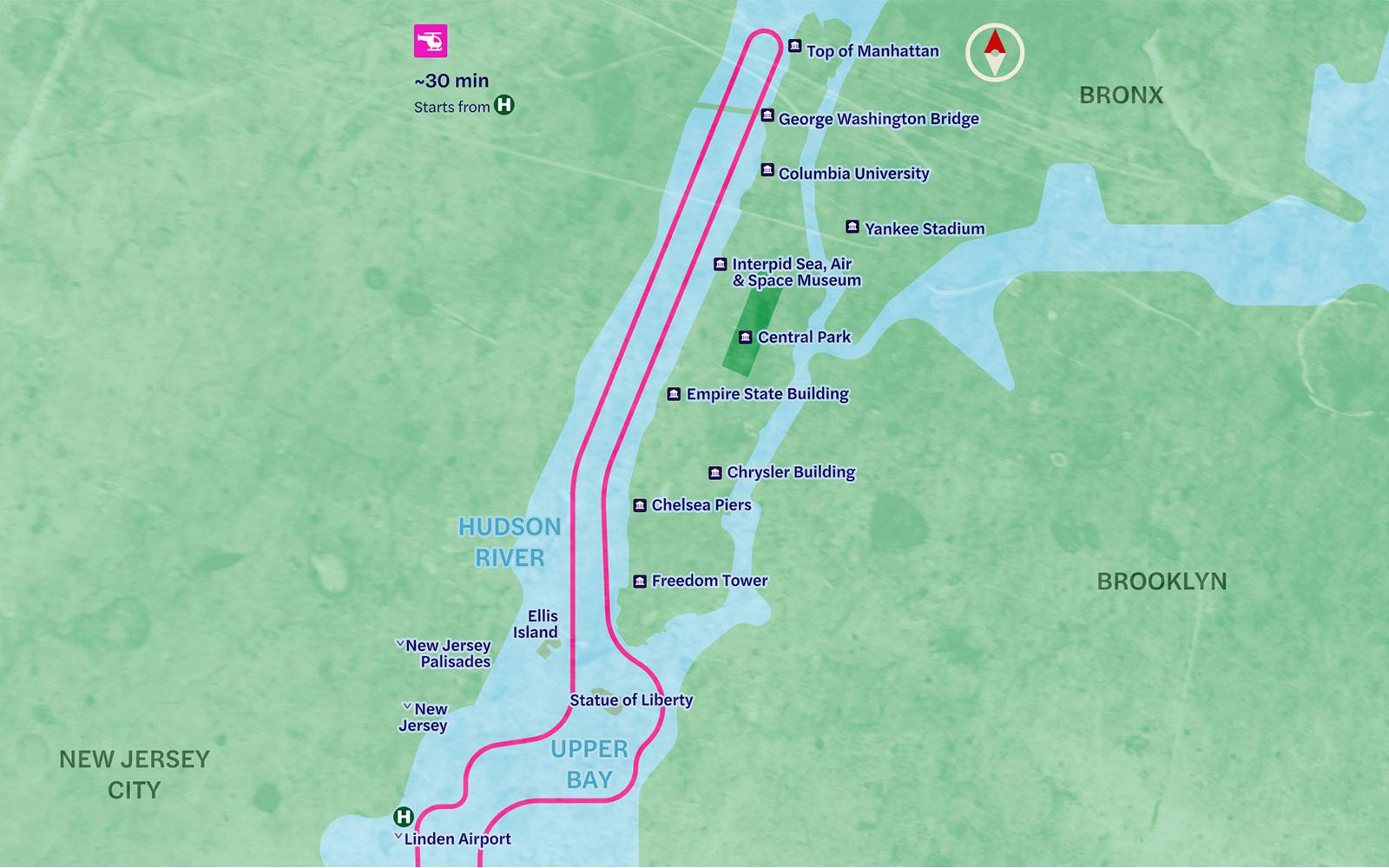 nyc helicopter night tour route map