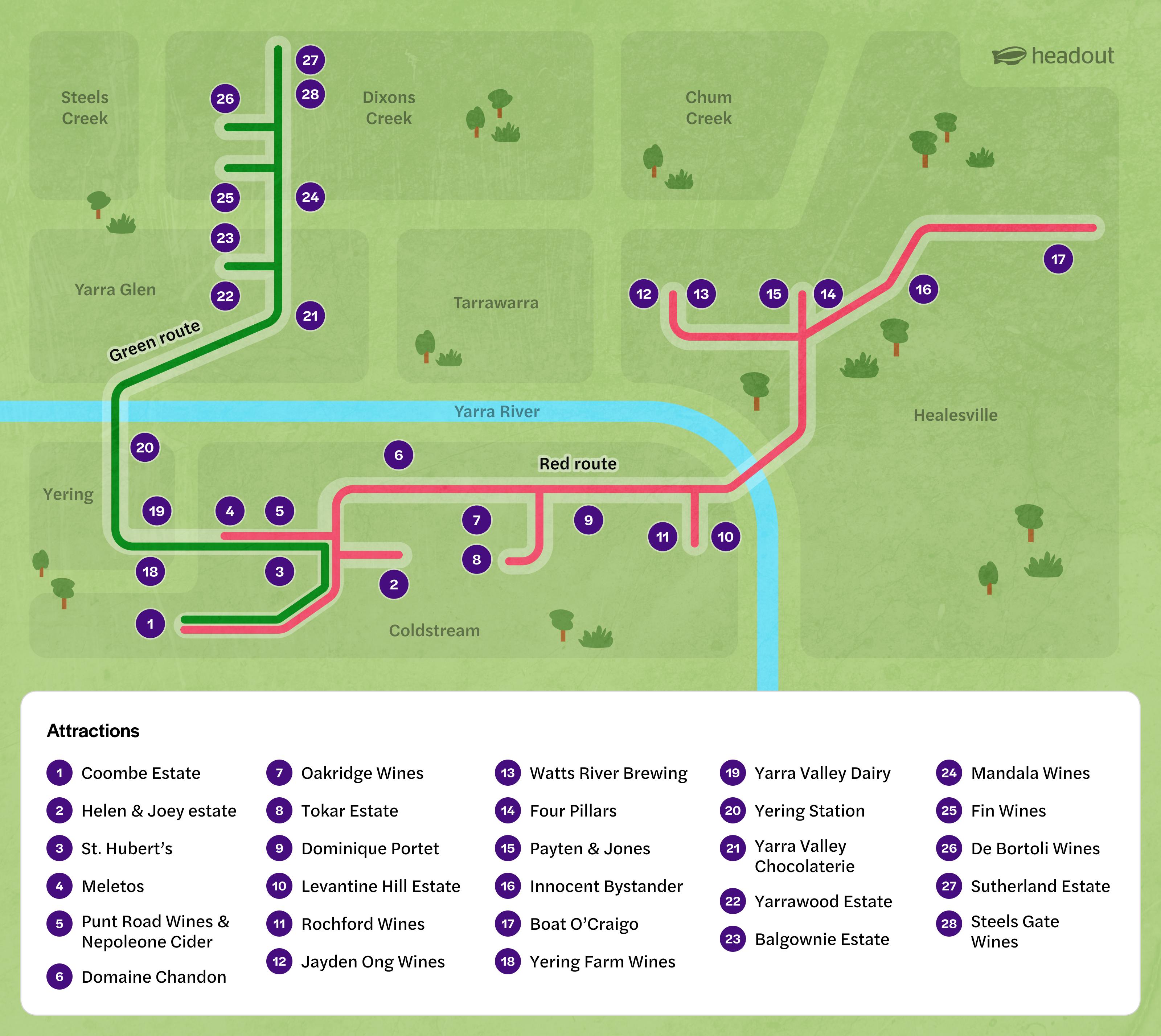 route map of yarra valley wine tour