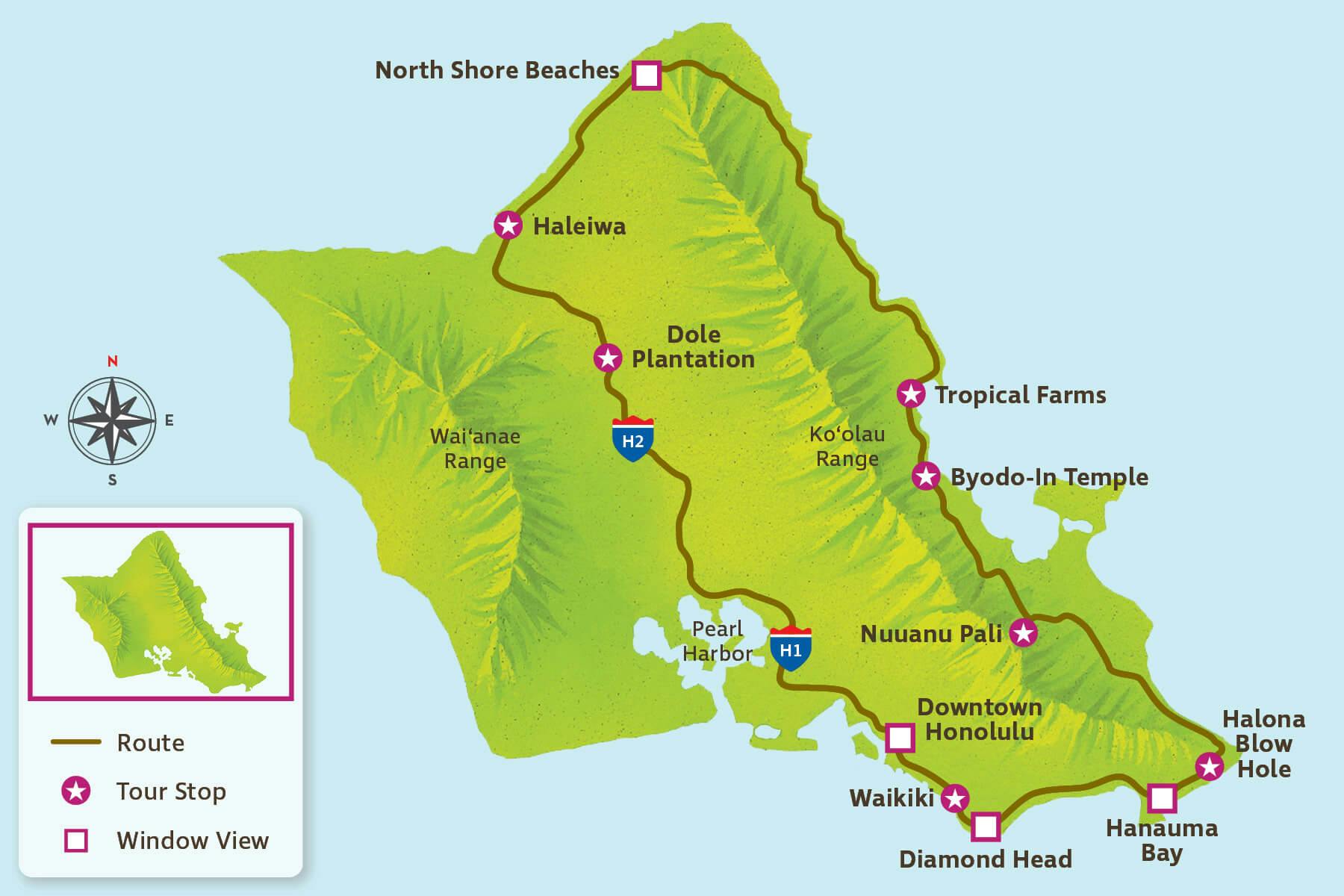 oahu grand circle island tour route map