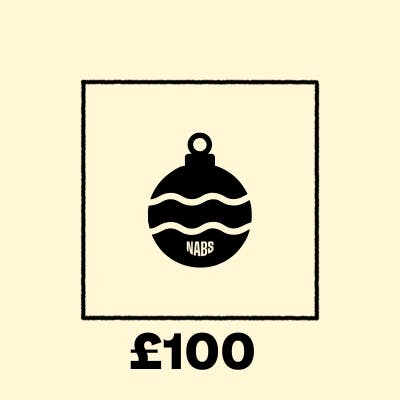Christmas bauble on a peach background with £100 in text