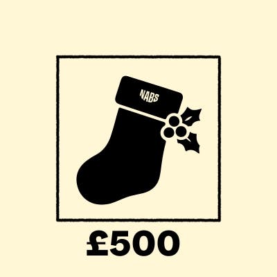 Christmas stocking on a peach background with £500 in text