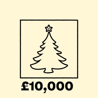 Christmas tree on a peach background £10,000 in text