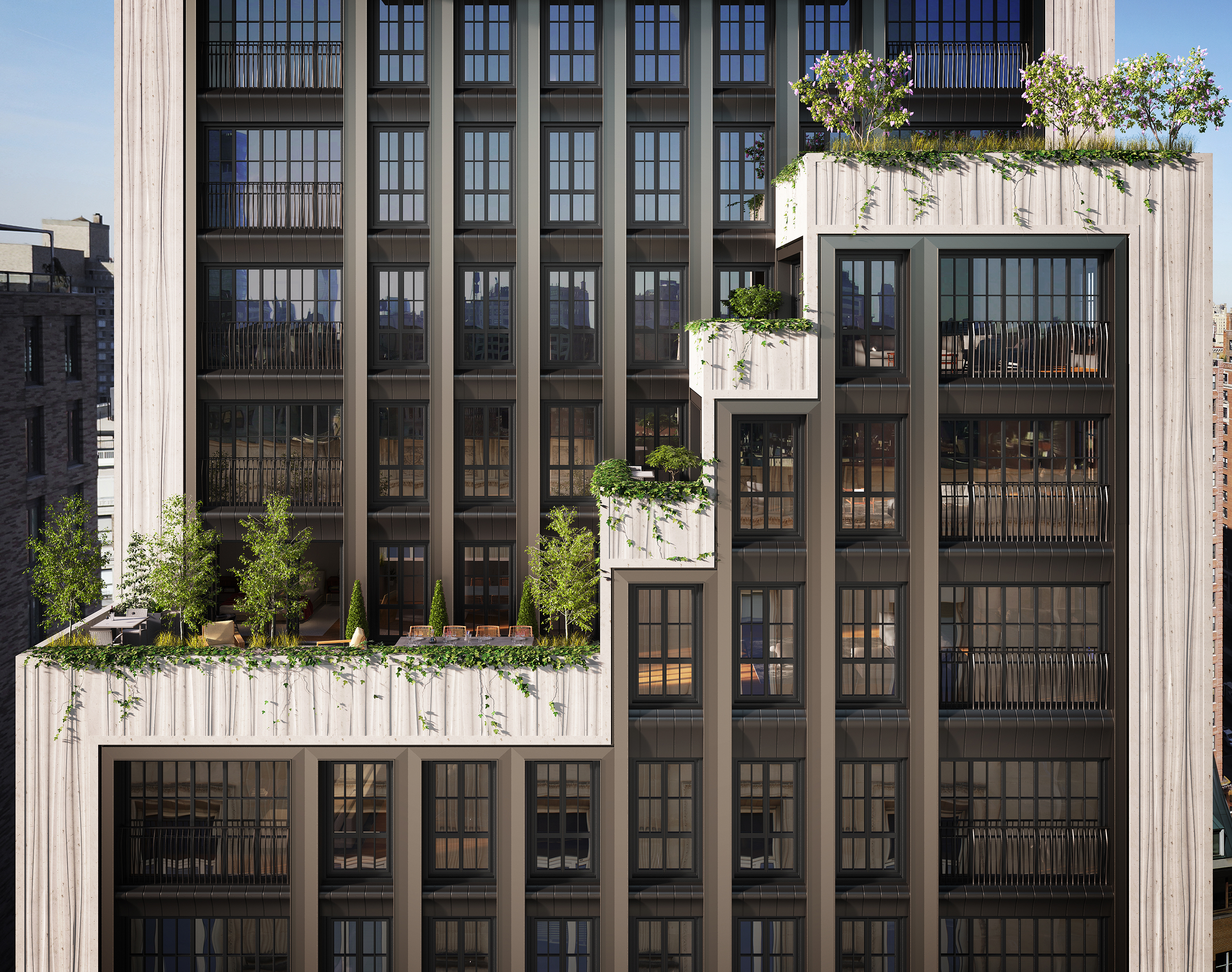 The modern façade of 221 West 77th featuring large grid-style windows with a unique stepped design. Several terraces are adorned with lush greenery, including small trees, plants, and flowers create a step structure. The contrast of the sleek architectural lines and natural elements creates a visually appealing urban aesthetic.