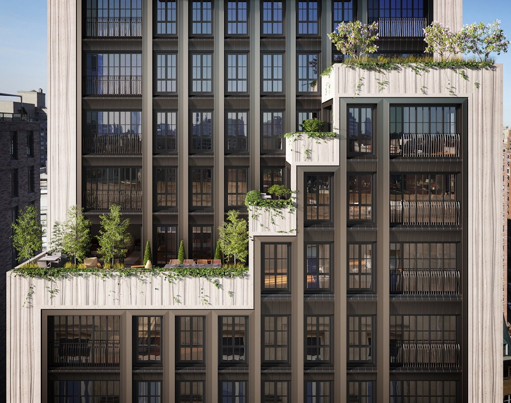 The modern façade of 221 West 77th featuring large grid-style windows with a unique stepped design. Several terraces are adorned with lush greenery, including small trees, plants, and flowers create a step structure. The contrast of the sleek architectural lines and natural elements creates a visually appealing urban aesthetic.