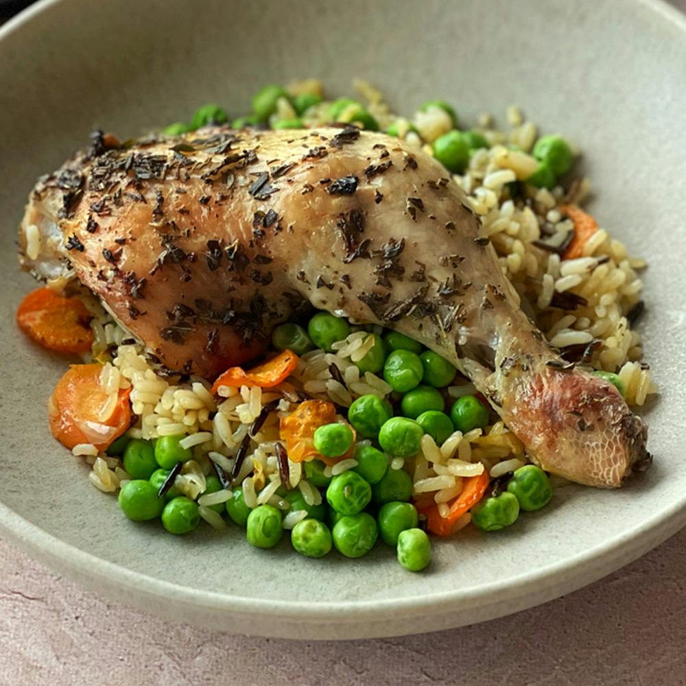 Cuisses de poulet, légumes et riz au four