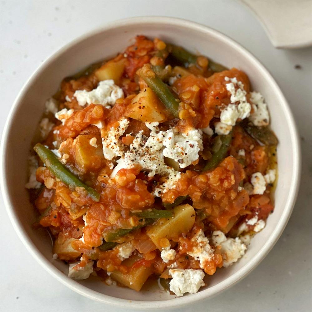 Potée de lentilles et haricots verts à la feta