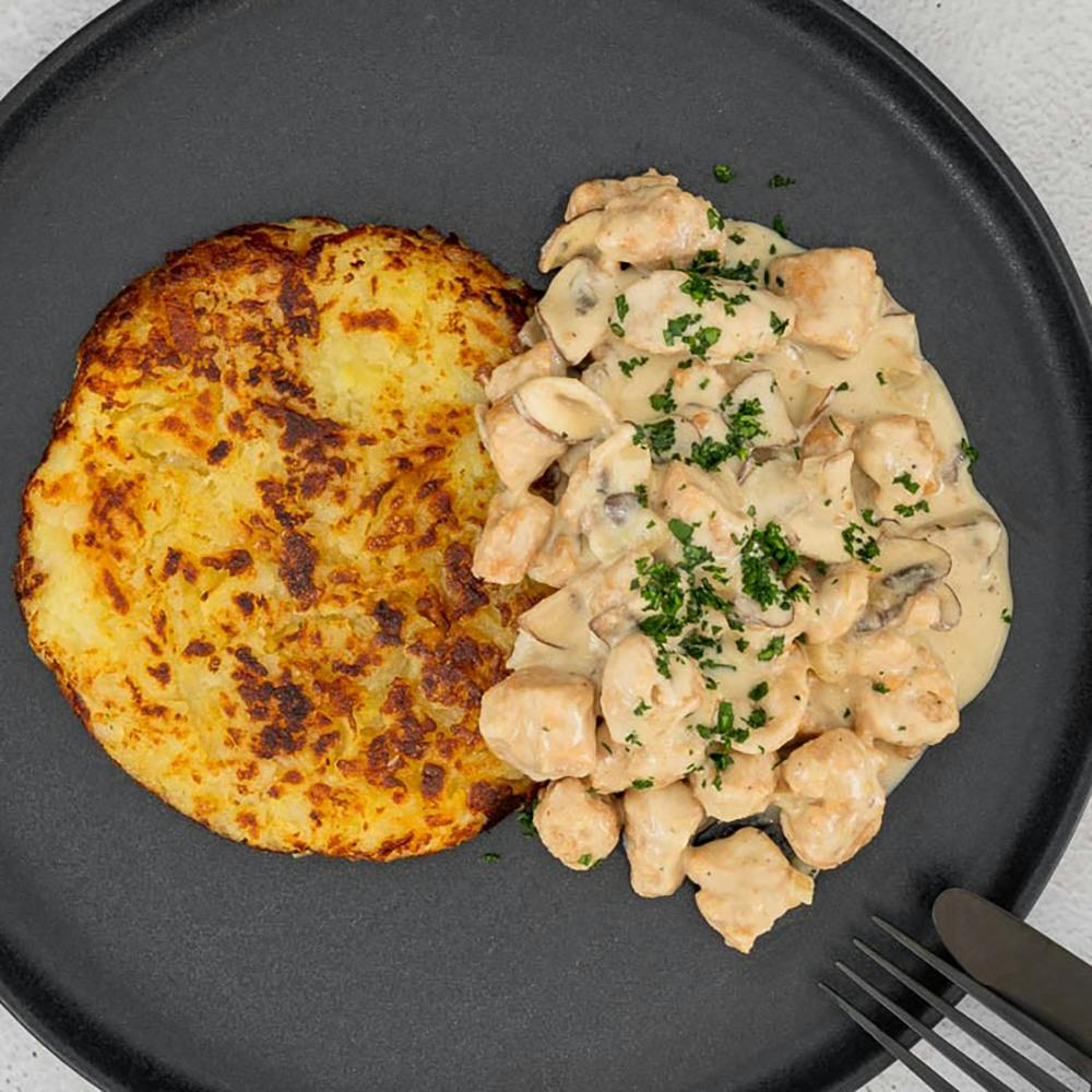 Veganes Zürcher Geschnetzeltes mit Rösti 