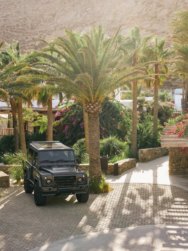 Car parked between palm trees in Nammos Village