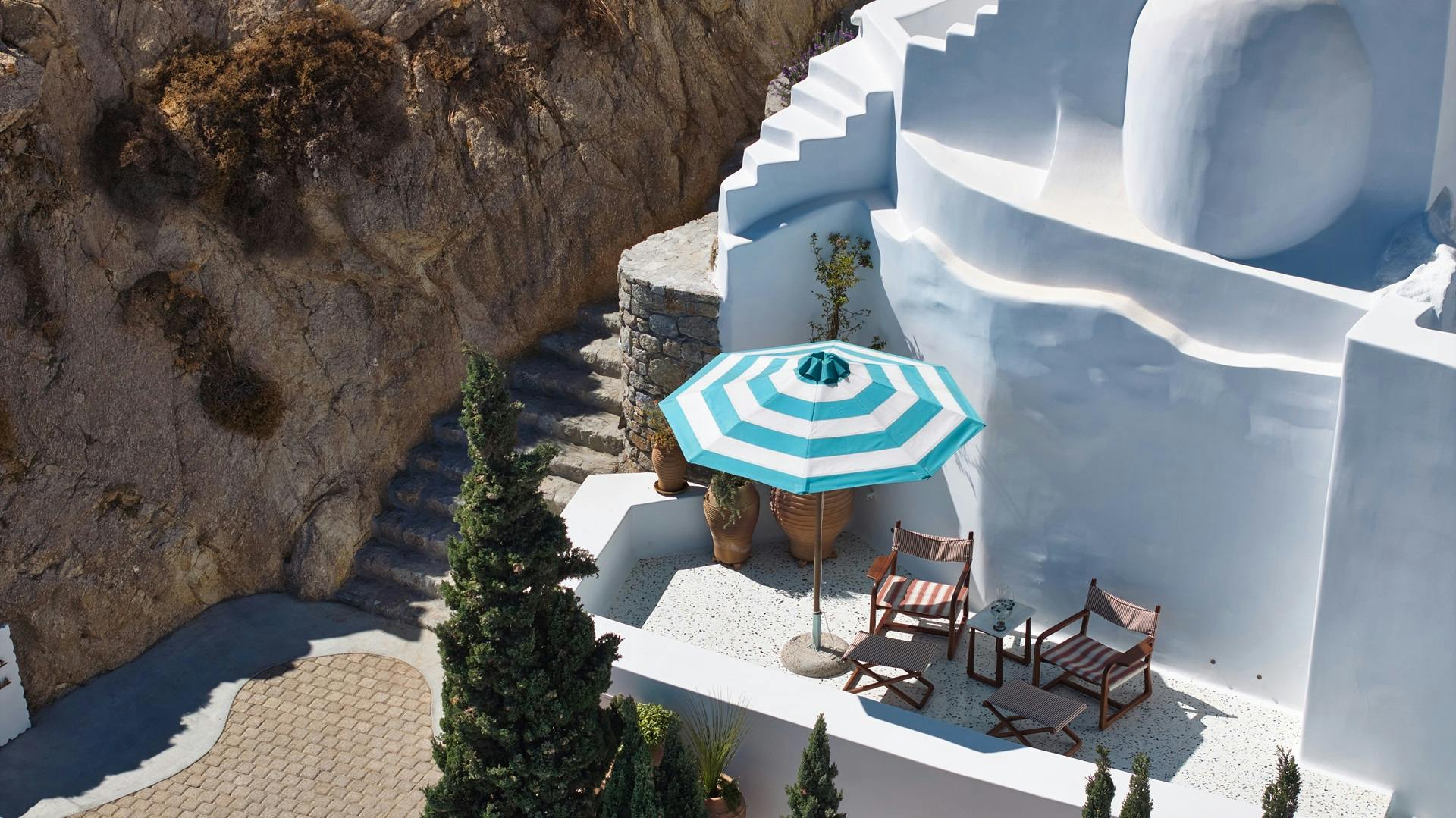 Birds eye view of terrace at Nammos Hotel Mykonos luxury rooms 