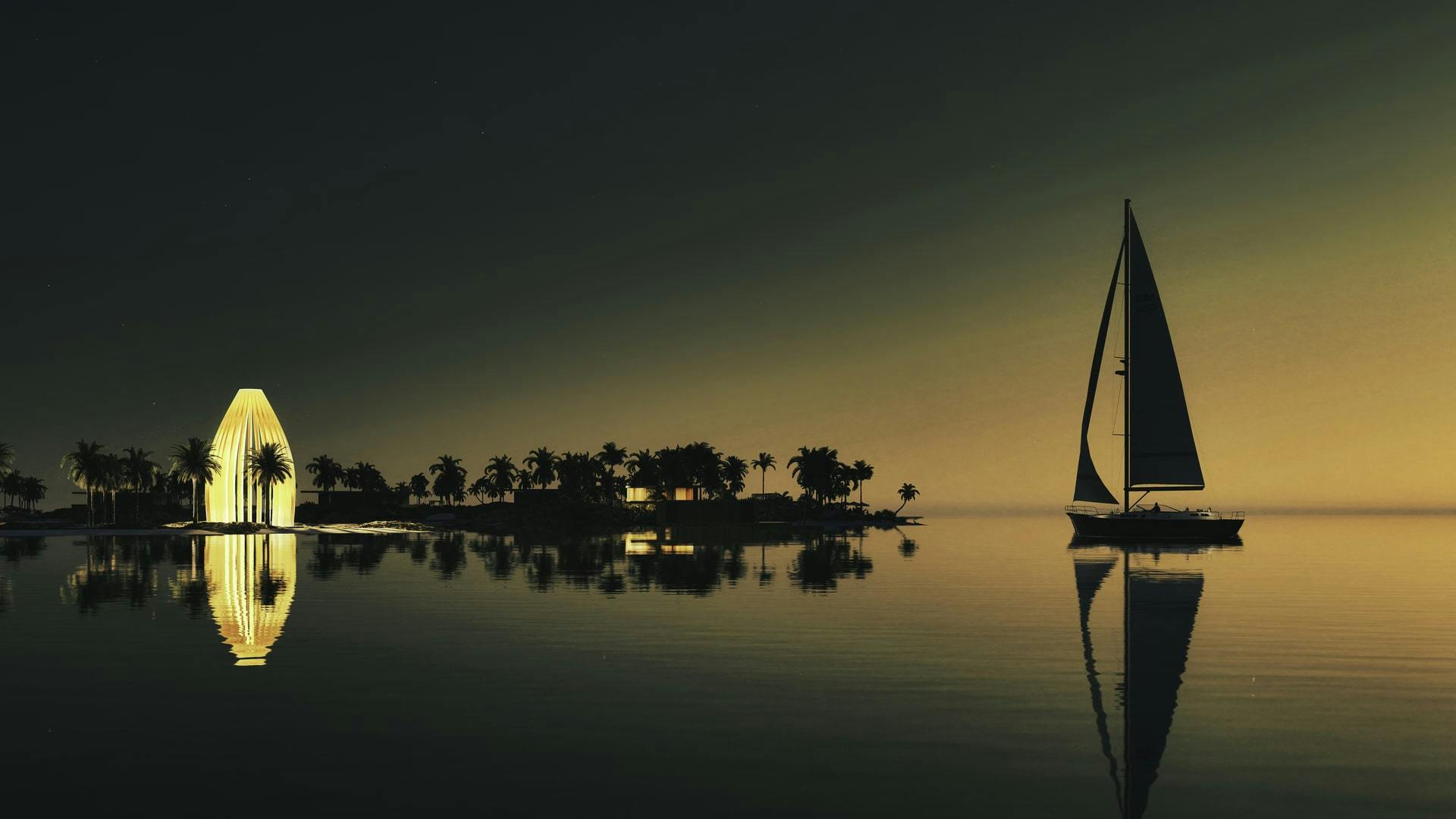 Sailing boat and palm trees in sunset