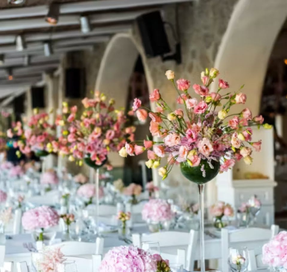 Wedding set up with florals displays at Nammos Restaurant