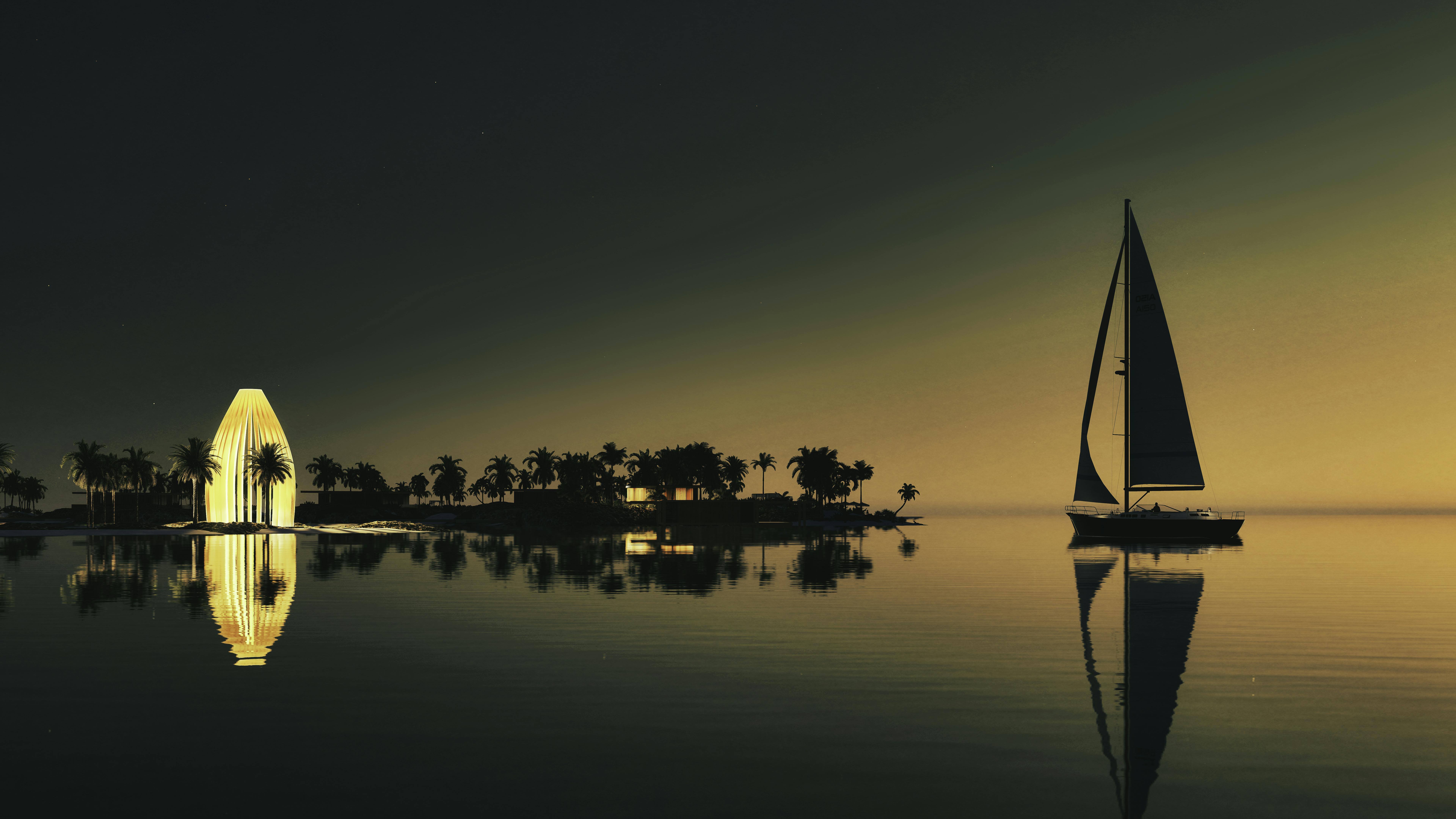 Sailing boat and palm trees in sunset