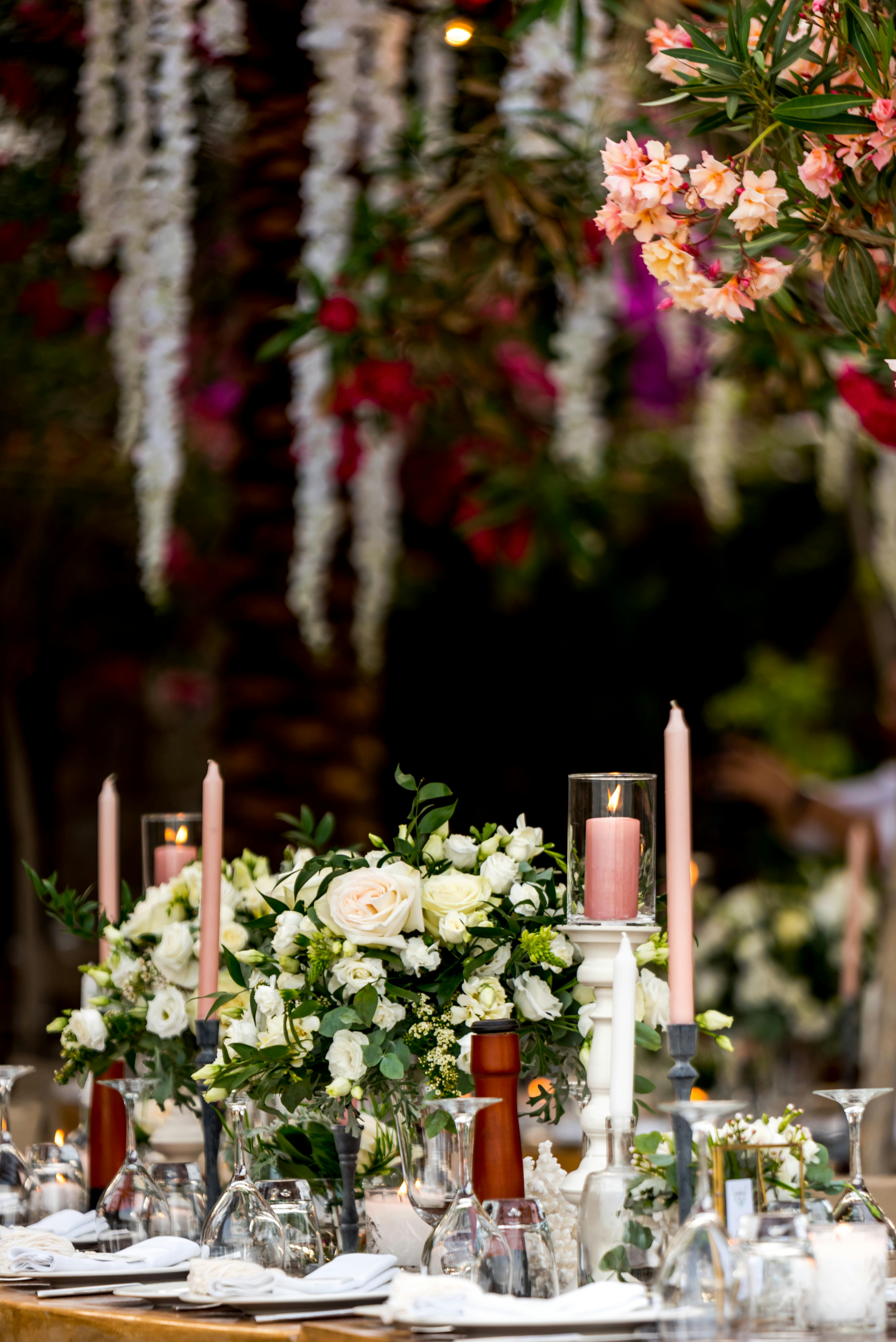 Table display with hanging florals at Nammos Restaurant