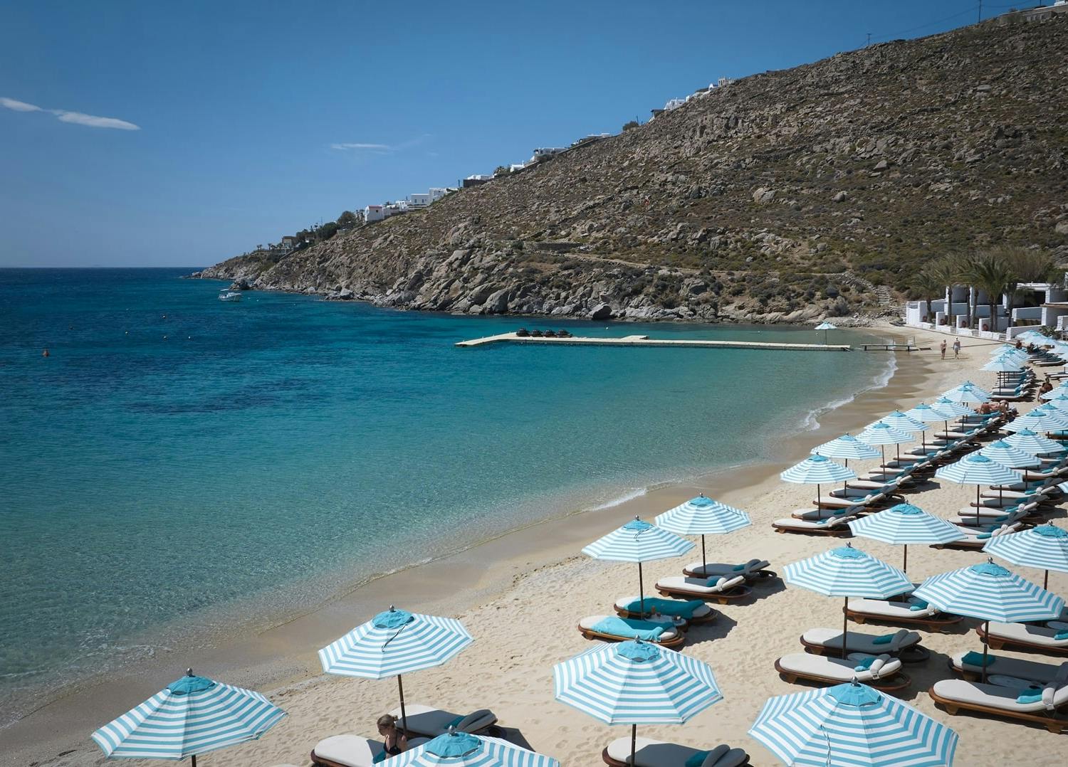 Nammos sunbeds, parasols and sea view at Psarou Beach