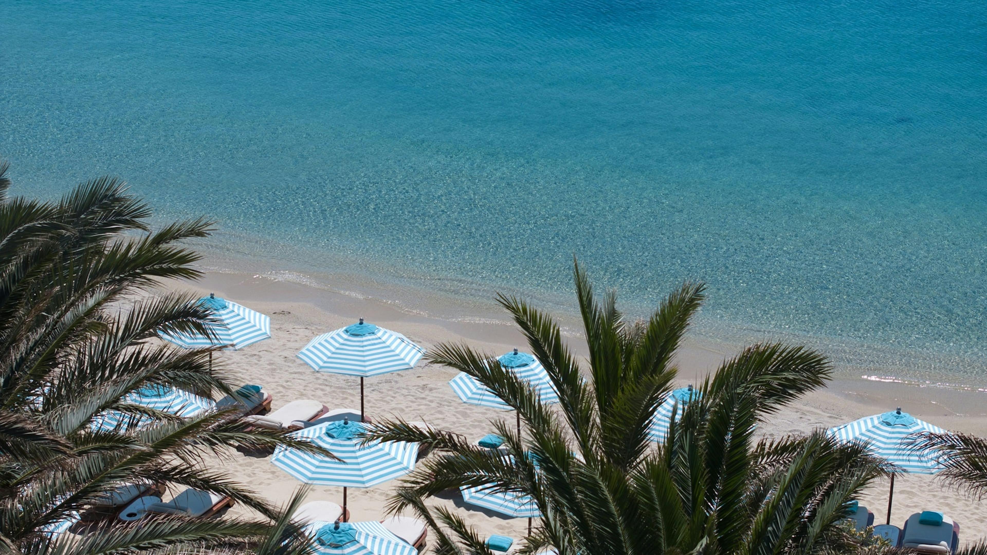 Palm trees, Nammos Parasols, Psarou Beach and the Aegean Sea 