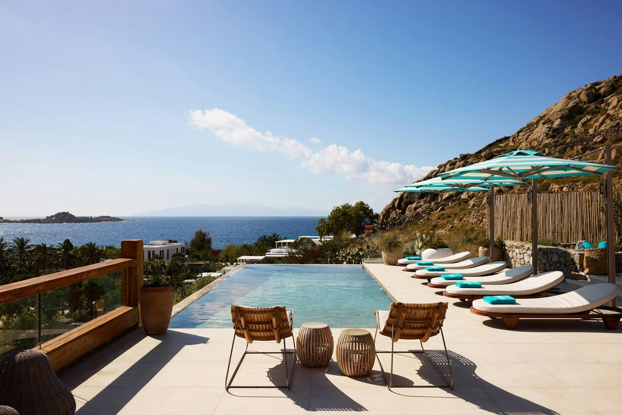 Private pool at Nammos Mykonos Villa with sun loungers 