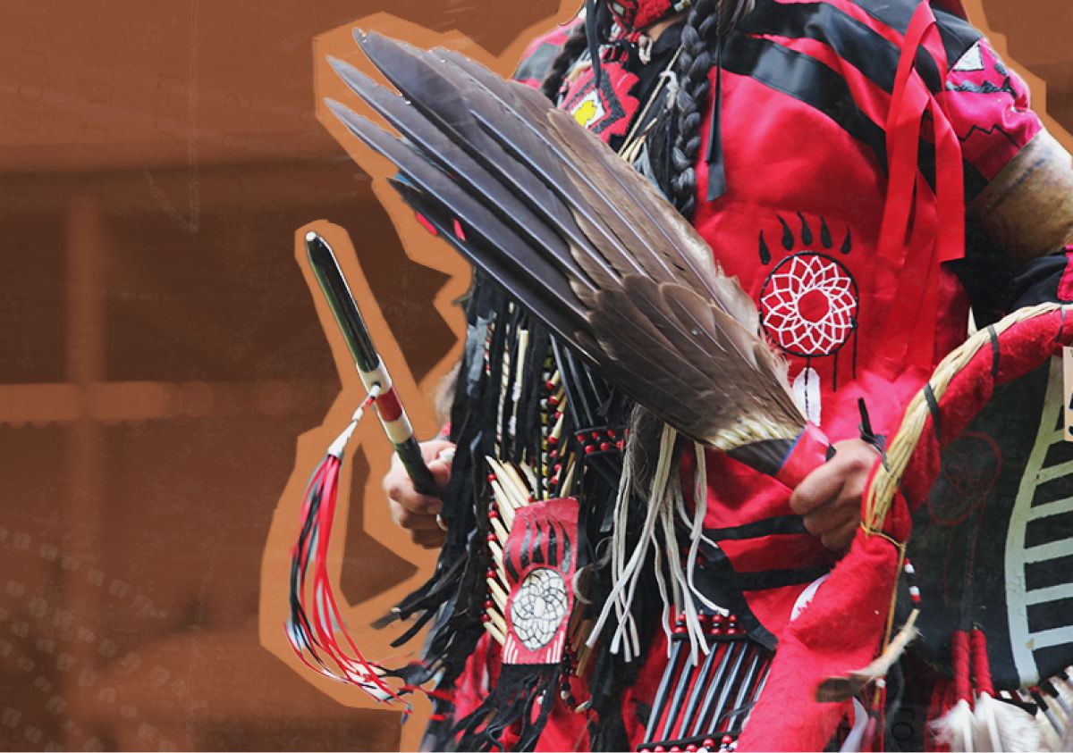 Close up of customary regalia on an Indigenous man participating in a pow wow