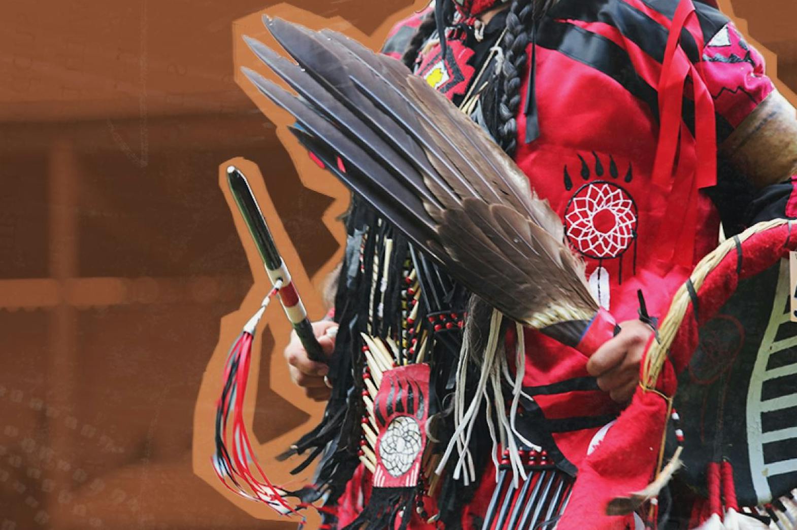 Close up of customary regalia on an Indigenous man participating in a pow wow