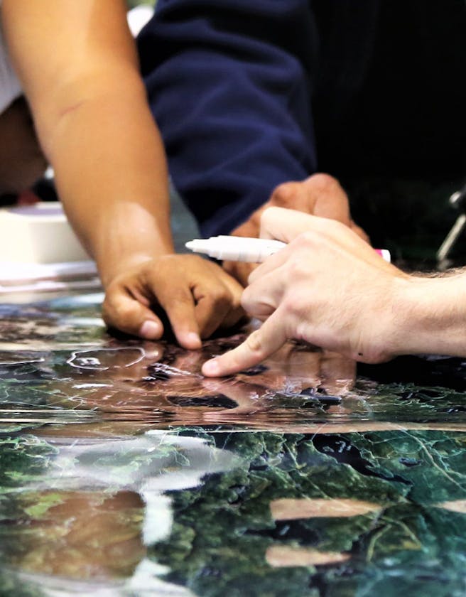 Close up of a mapping session with one hand pointing on the map and another pointing with a marker in hand