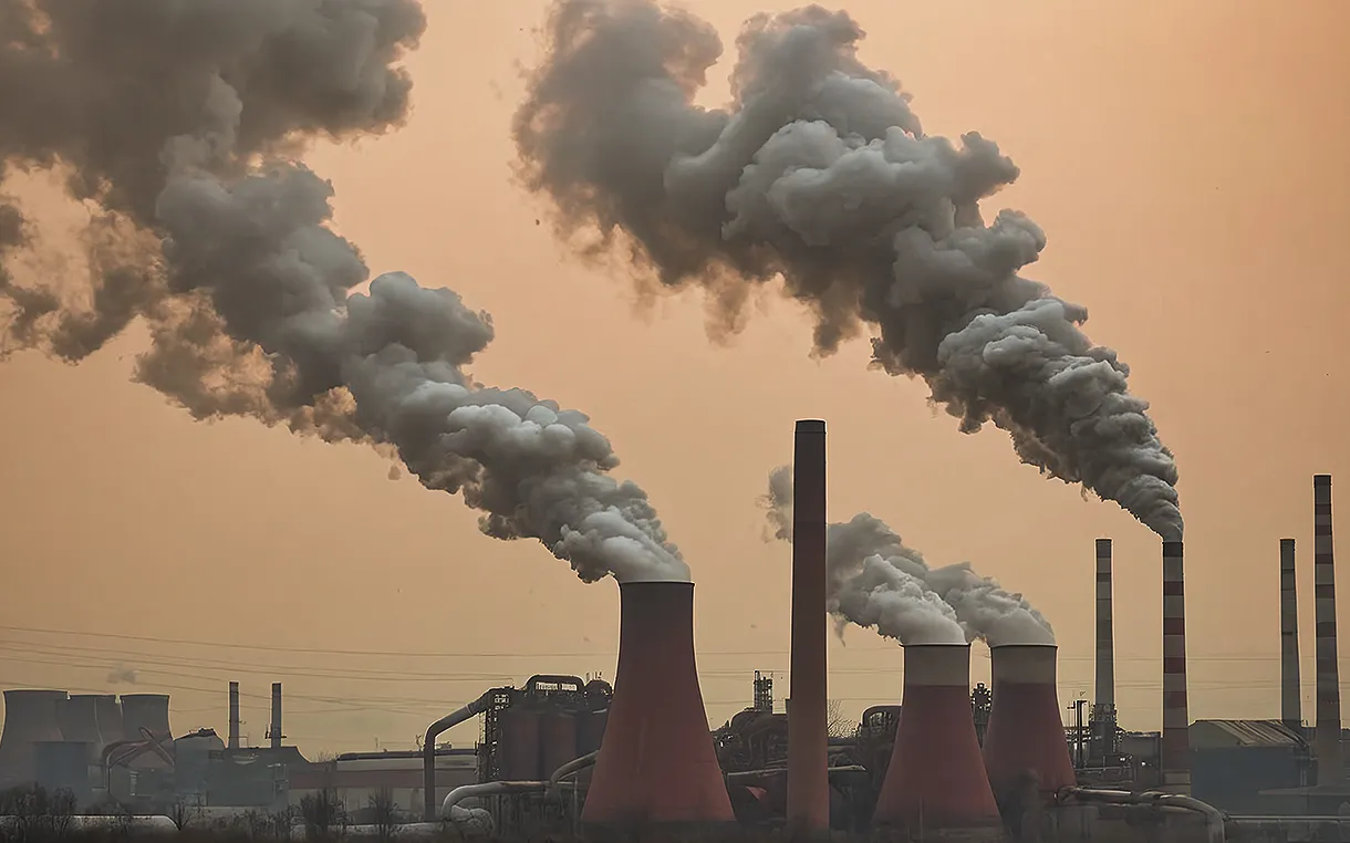 Factory with smoke stacks bellowing into the sky