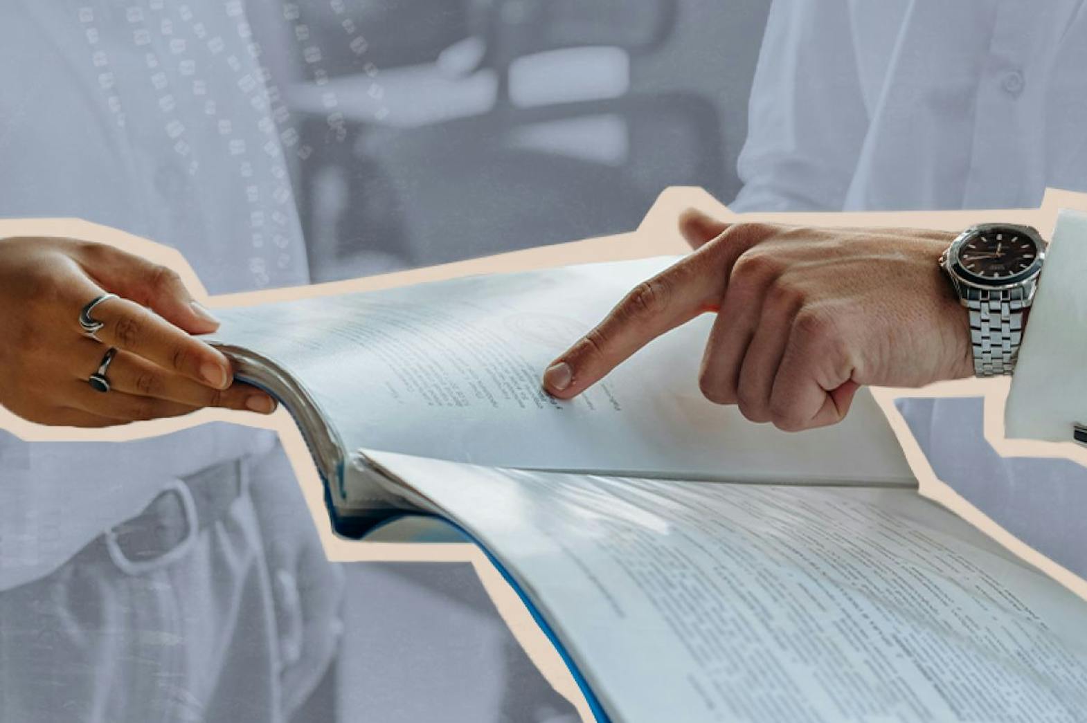 Close up of a report being reviewed with one hand pointing to the page