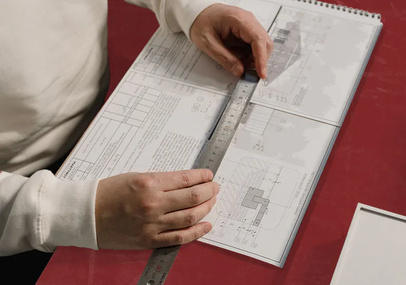 Person using a ruler to measure blueprints for a planning project