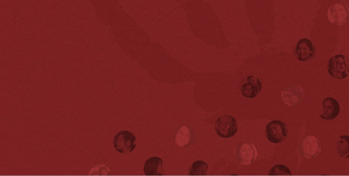 A red handprint on a red background with faces of Indigenous women and girls in circles