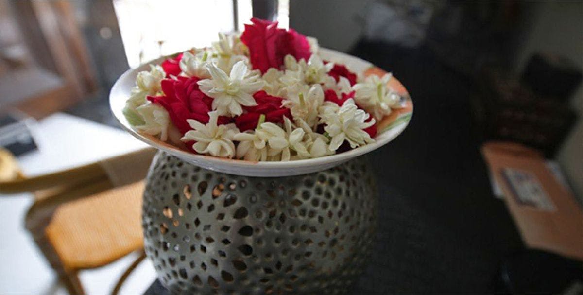 Close up of white and pink flowers sitting in a metal bowl