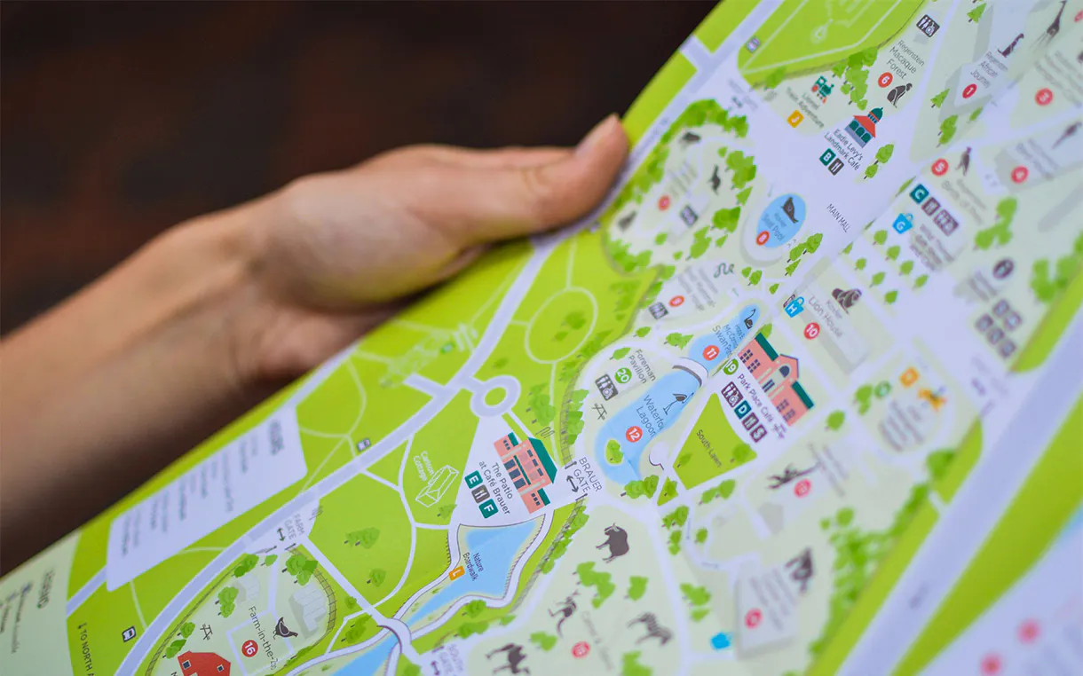 A closeup view of an illustrated map of the Chicago zoo