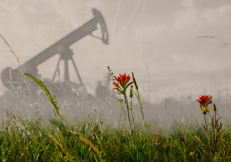 red flowers and grass in the foreground with oil pumps in the background