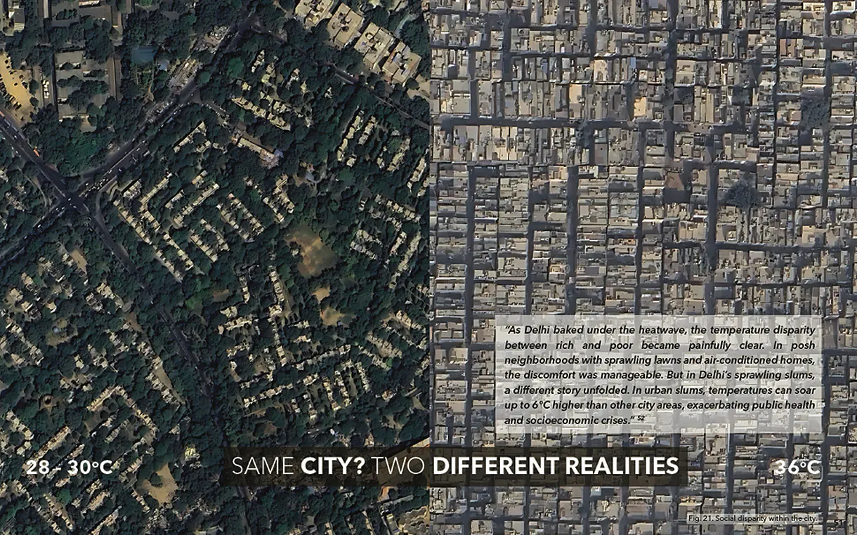 A map showing the difference between a city with two different realities. The left side has lush trees, the other has none.