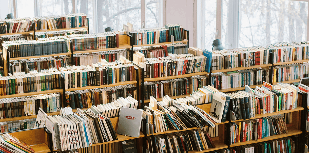 An library showcasing a variety of books organized on tall shelves