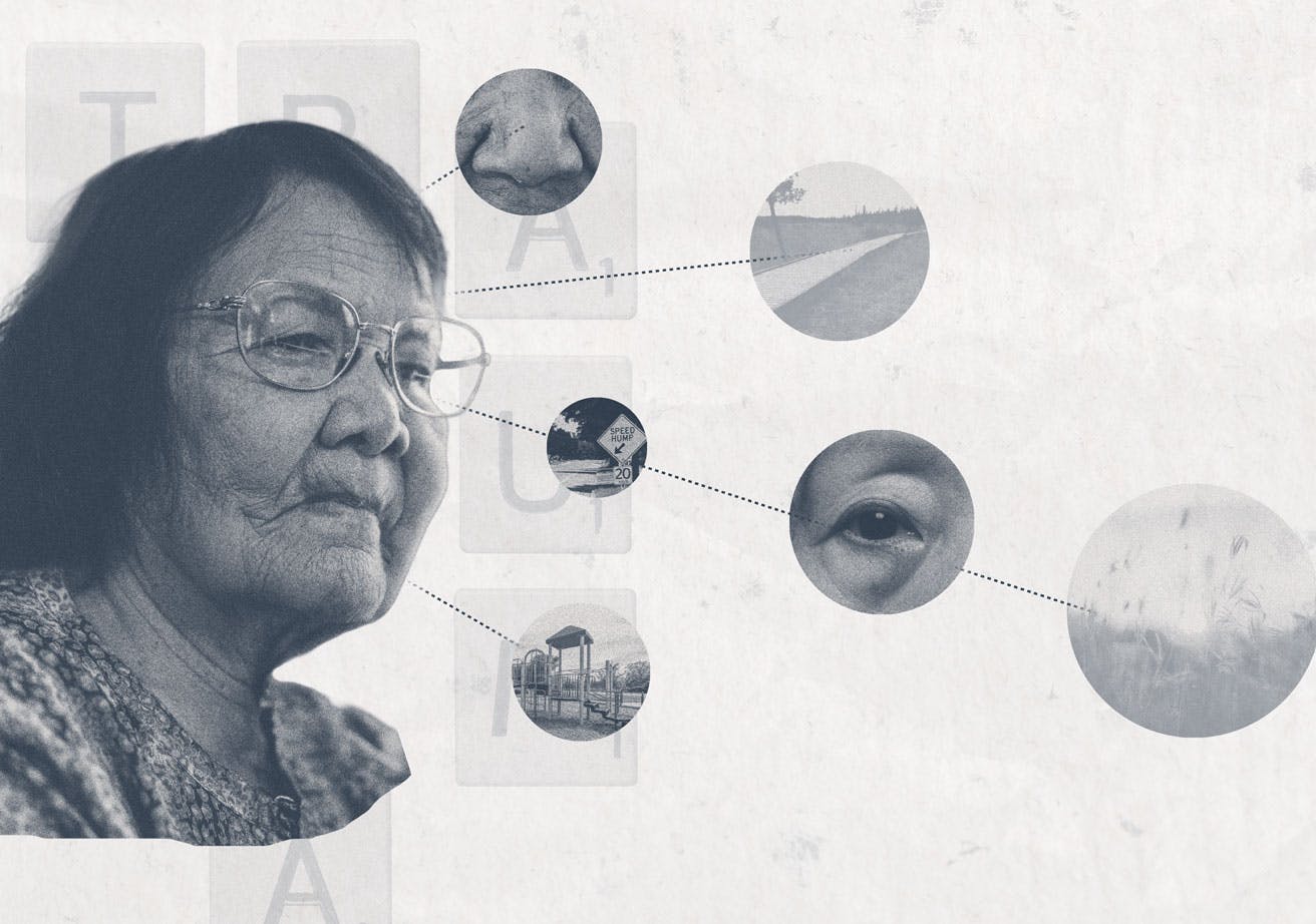 Graphic of a senior woman surrounded by bubbles of different sensory visuals