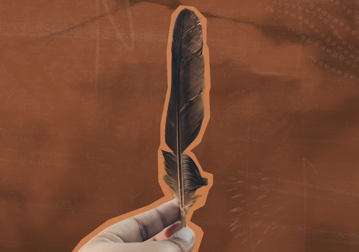 A hand holds out a birds feather