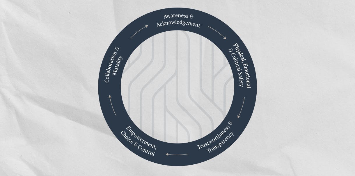 An infographic displaying the five steps of trauma-informed training.

The five principles are: Awareness & acknowledgement, Physical,emotional & cultural safety, Trustworthiness & transparency, Empowerment, choice &control, and Collaboration & mutuality.