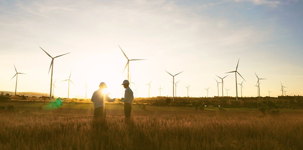 Two people wearing hard hats stand in a field discussing in front of multiple wind turbines at sunset.