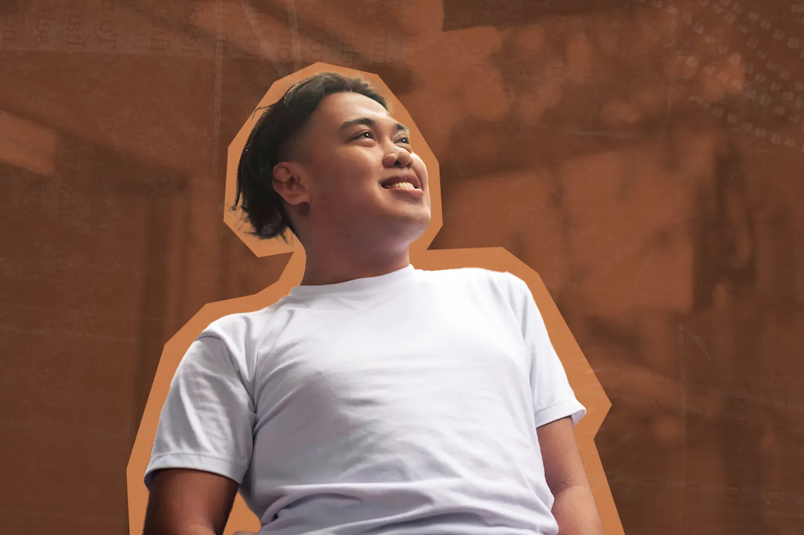 A smiling Filipino man wearing a white t-shirt looks off into the distance.