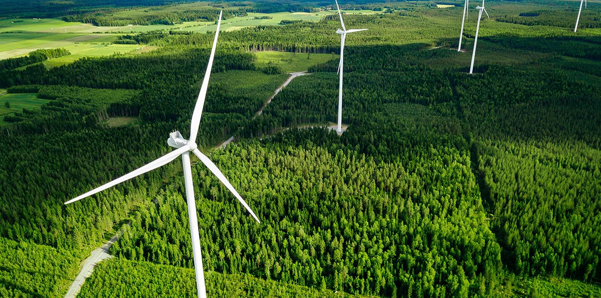 Aerial view of wind turbines surrounded by lush forest.