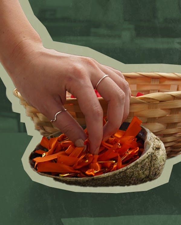 A hand reaches into a turtle shell full of orange ribbons