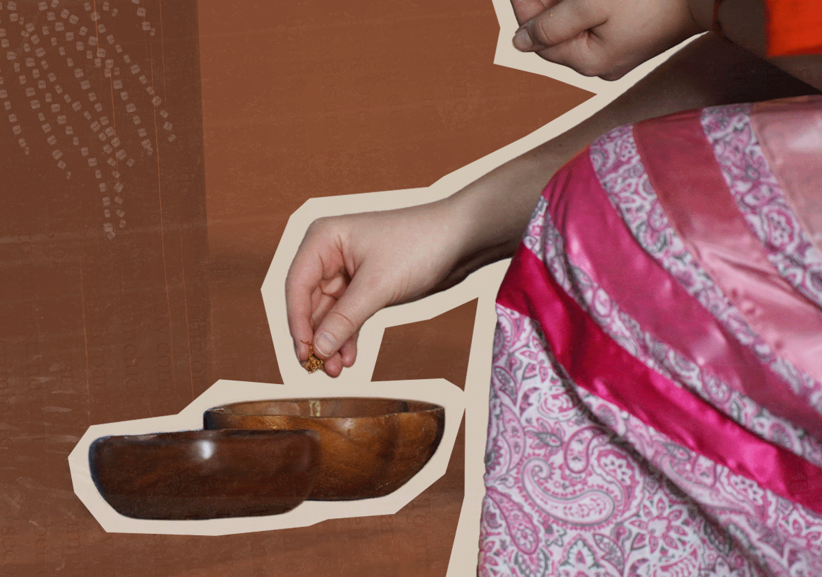A women wearing a ribbon skirt takes loose tobacco from a wooden bowl