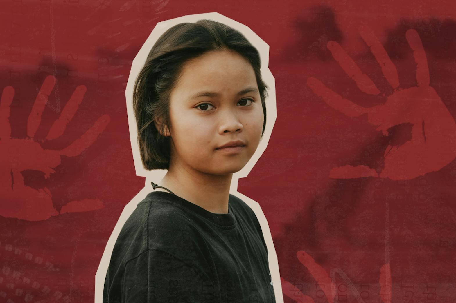 A young Indigenous girl looks at the camera. Behind her is a natural landscape and red handprints.
