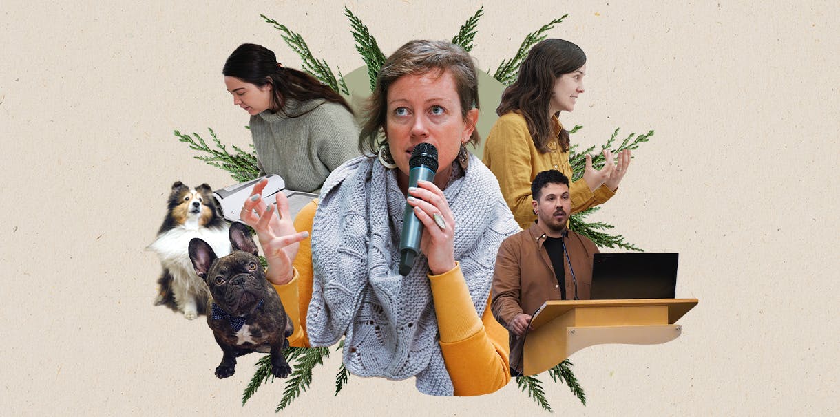 A collage of Narratives staff presenting and speaking with office dogs looking up