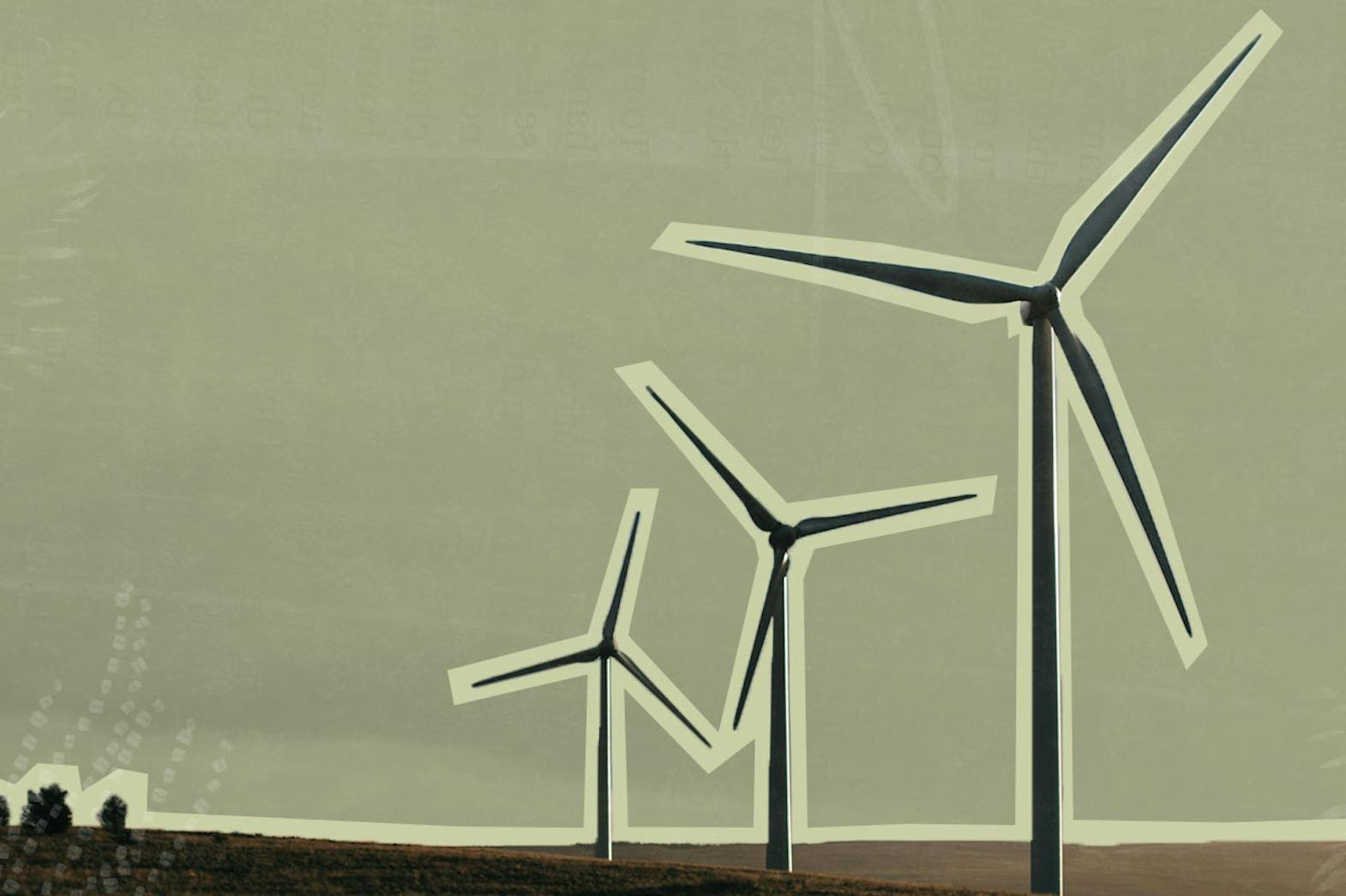 A row of windmills in an open field