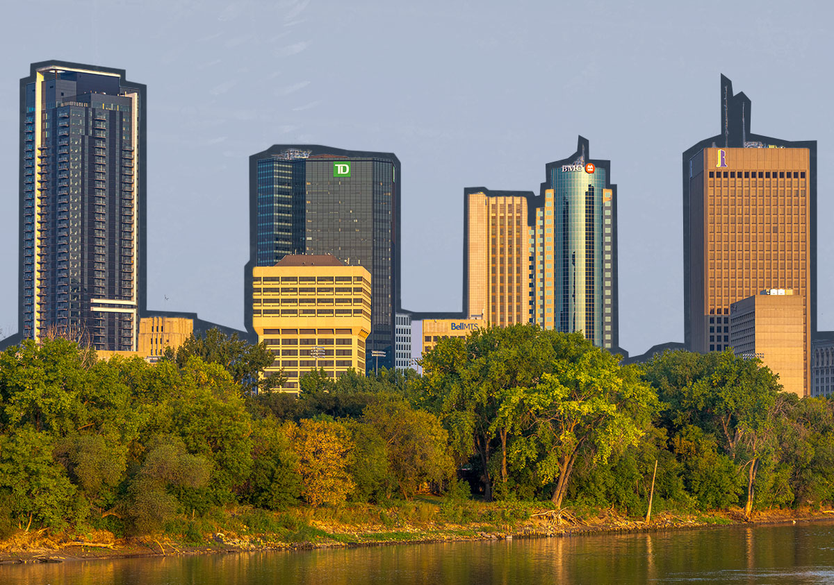 Winnipeg skyline with a river at sunrise