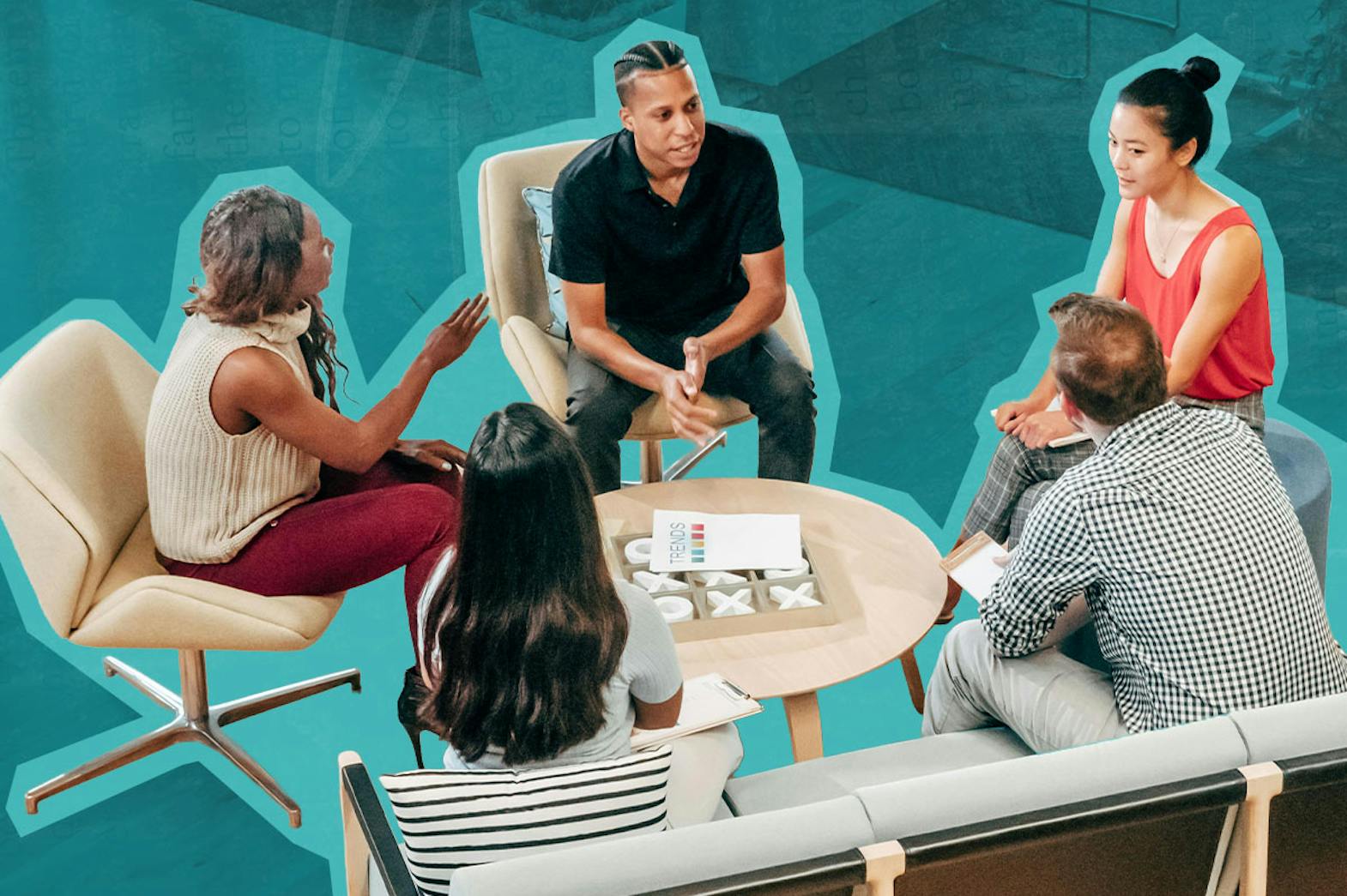 A group of diverse people sitting around a table conversing