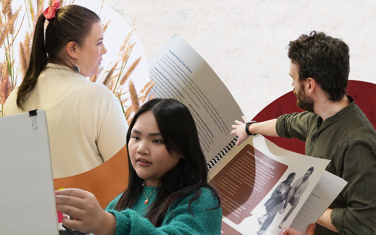 A collage of environmental textures and Narratives staff